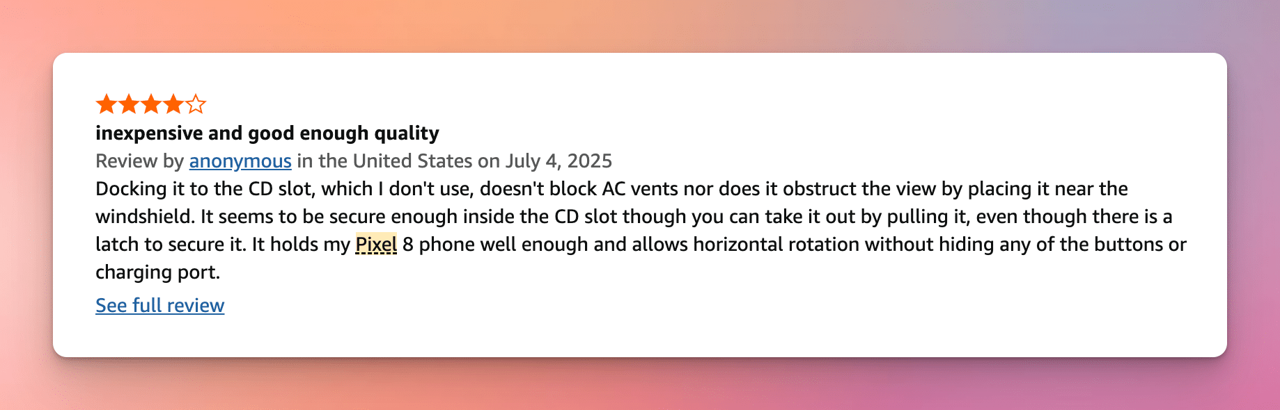 A screenshot of an Amazon review showing a highlighted search term