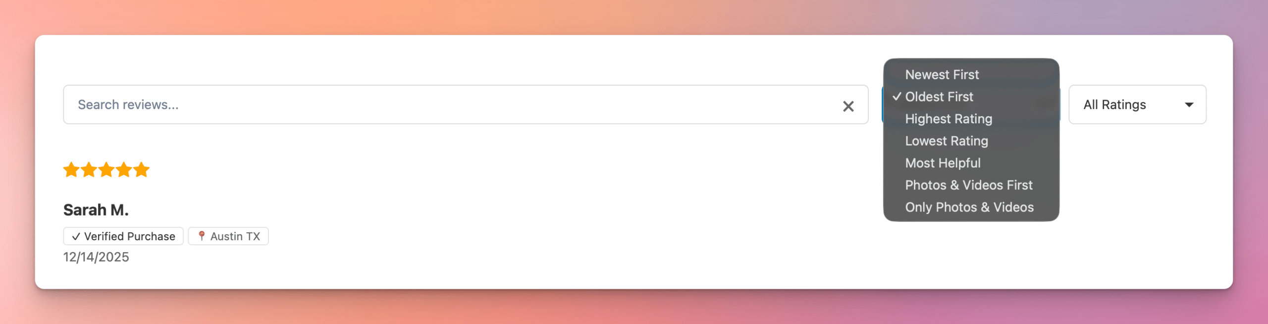 A screenshot showing sorting options for WooCommerce product reviews.