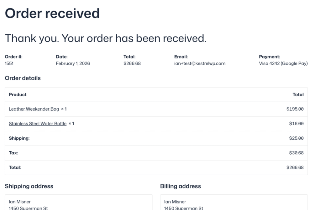 Unmodified and default WooCommerce thank you page (on Ollie theme)