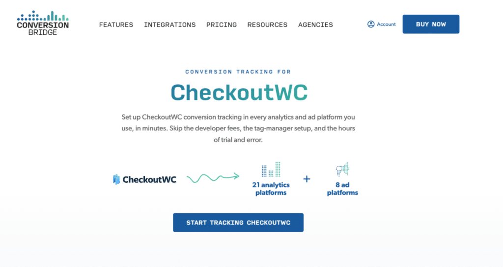 ConversionBridge landing page showing CheckoutWC conversion tracking across 21 analytics platforms and 8 ad networks