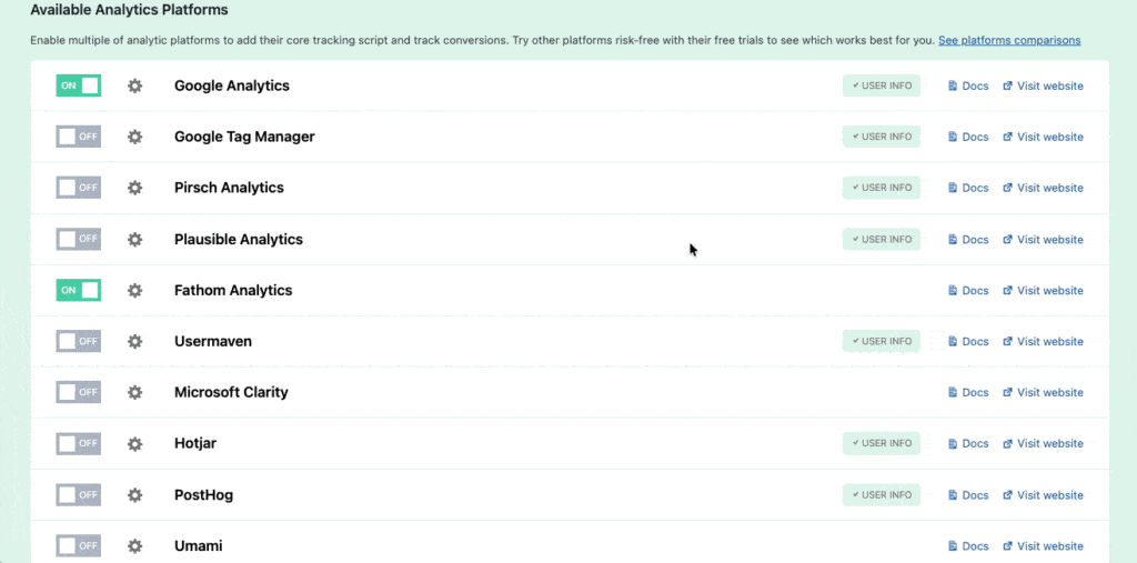 ConversionBridge settings listing supported analytics platforms including GA4, Plausible, Fathom, Microsoft Clarity and PostHog
