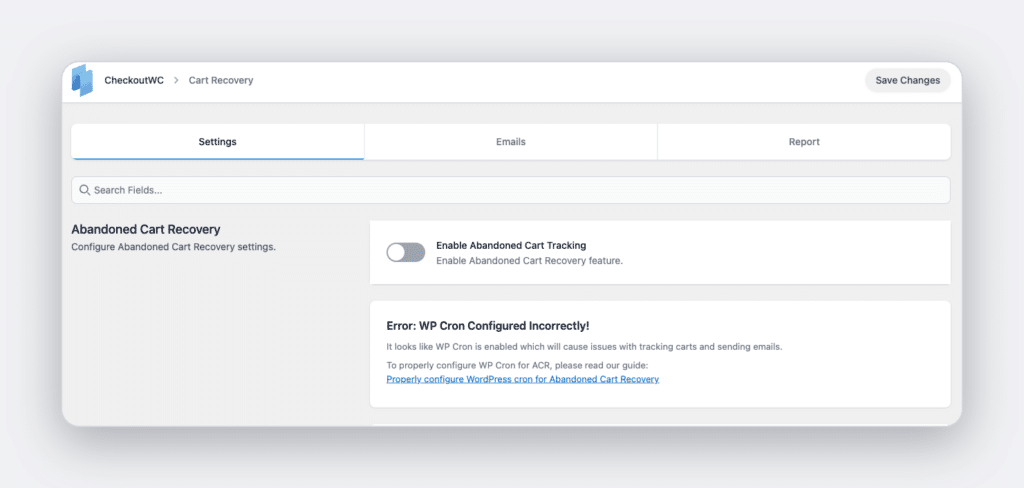 CheckoutWC Abandoned Cart Recovery settings with the enable toggle and a WP-Cron configuration warning