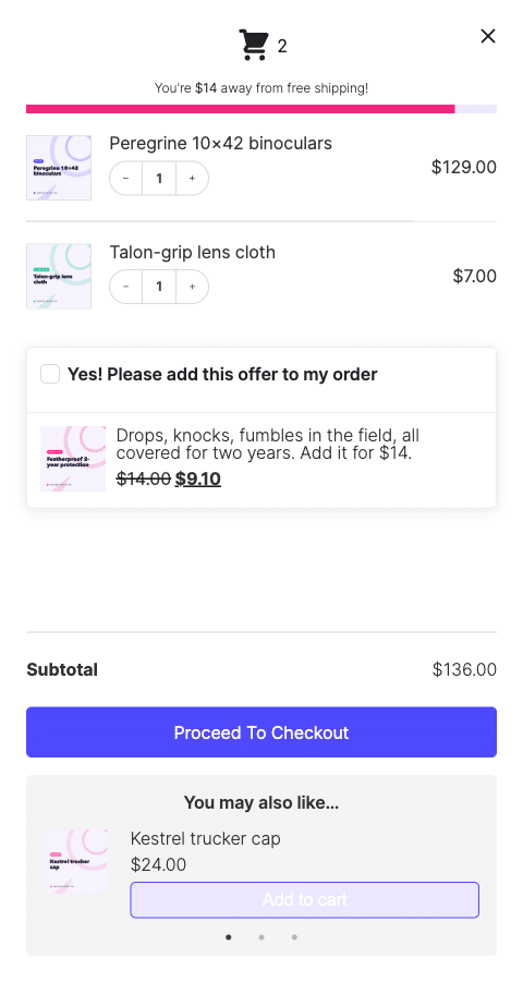 Kestrel Supply Co. WooCommerce shop page with indigo "Add to cart" buttons and a cart icon in the header