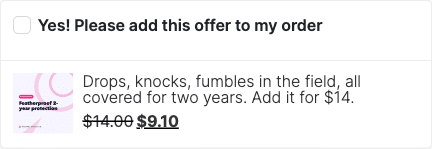 Order bump inside the WooCommerce side cart offering a 2-year protection add-on, $14 discounted to $9.10, with an opt-in checkbox