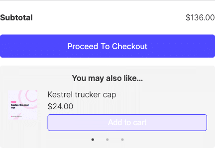 Side cart subtotal, an indigo Proceed to Checkout button, and a "You may also like" suggested-products row