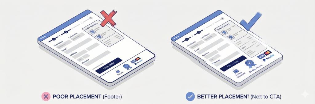 Trust badge placement: footer vs next to the Place order button