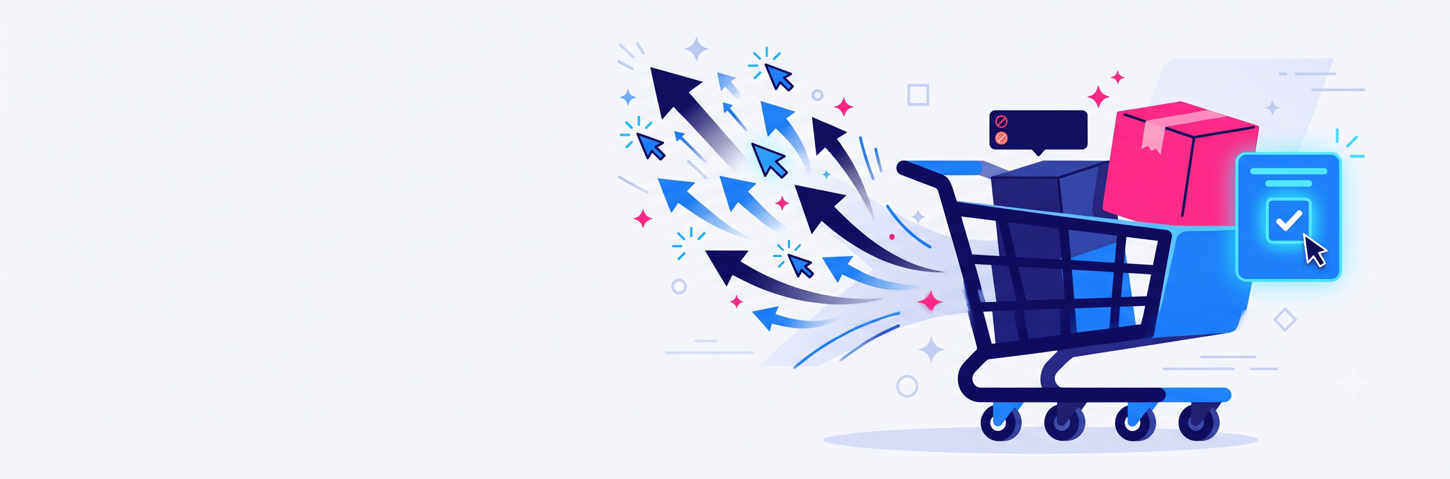 Illustration of a shopping cart holding a backordered box flagged unavailable, next to a checkout card with a checkmark and a rush of arrows and cursor clicks, turning a sold-out item into an instant sale