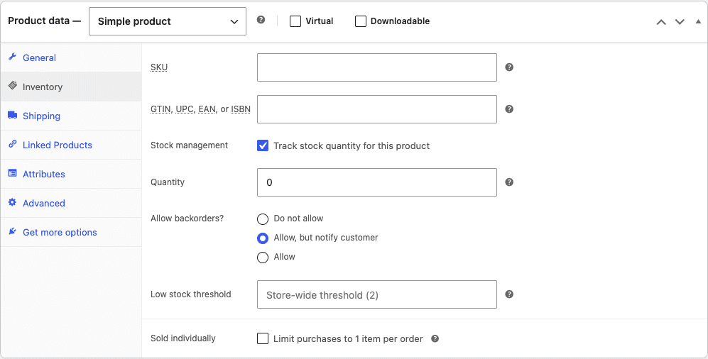 WooCommerce Product data Inventory tab with Backorders set to "Allow, but notify customer"