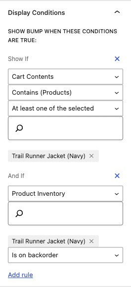CheckoutWC order bump display condition set to Product Inventory: Is on backorder