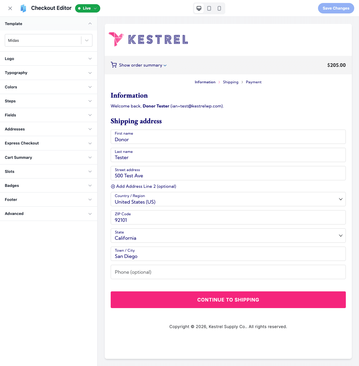 CheckoutWC visual checkout editor showing the settings panel rail, a live WooCommerce checkout preview, and desktop/tablet/mobile toggles