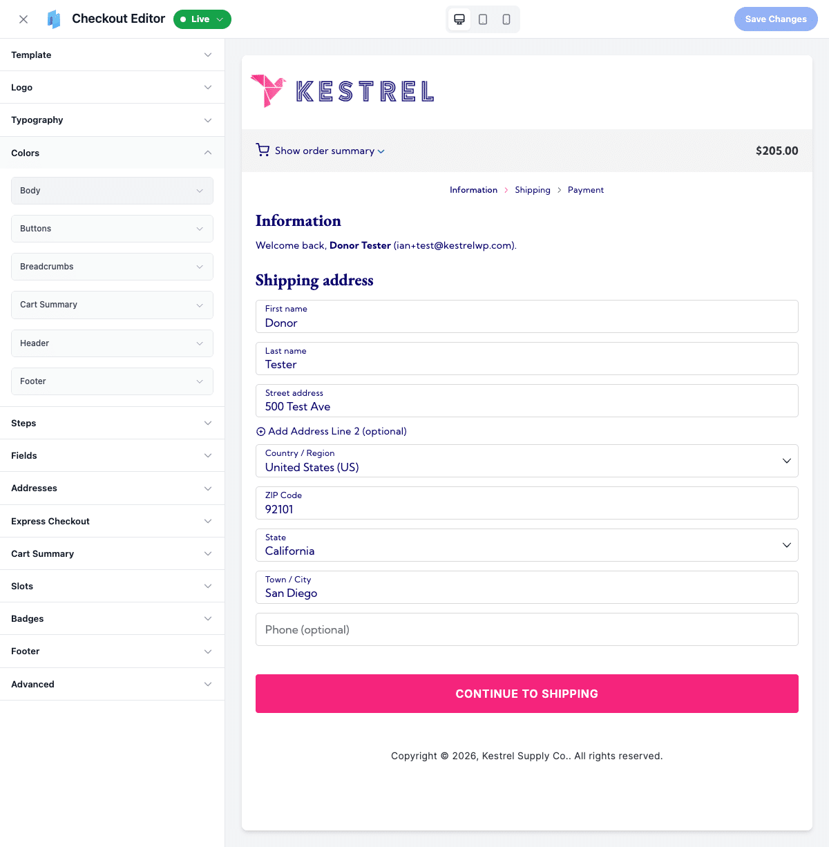 Colour, logo, and typography controls in the CheckoutWC editor updating the WooCommerce checkout preview in real time