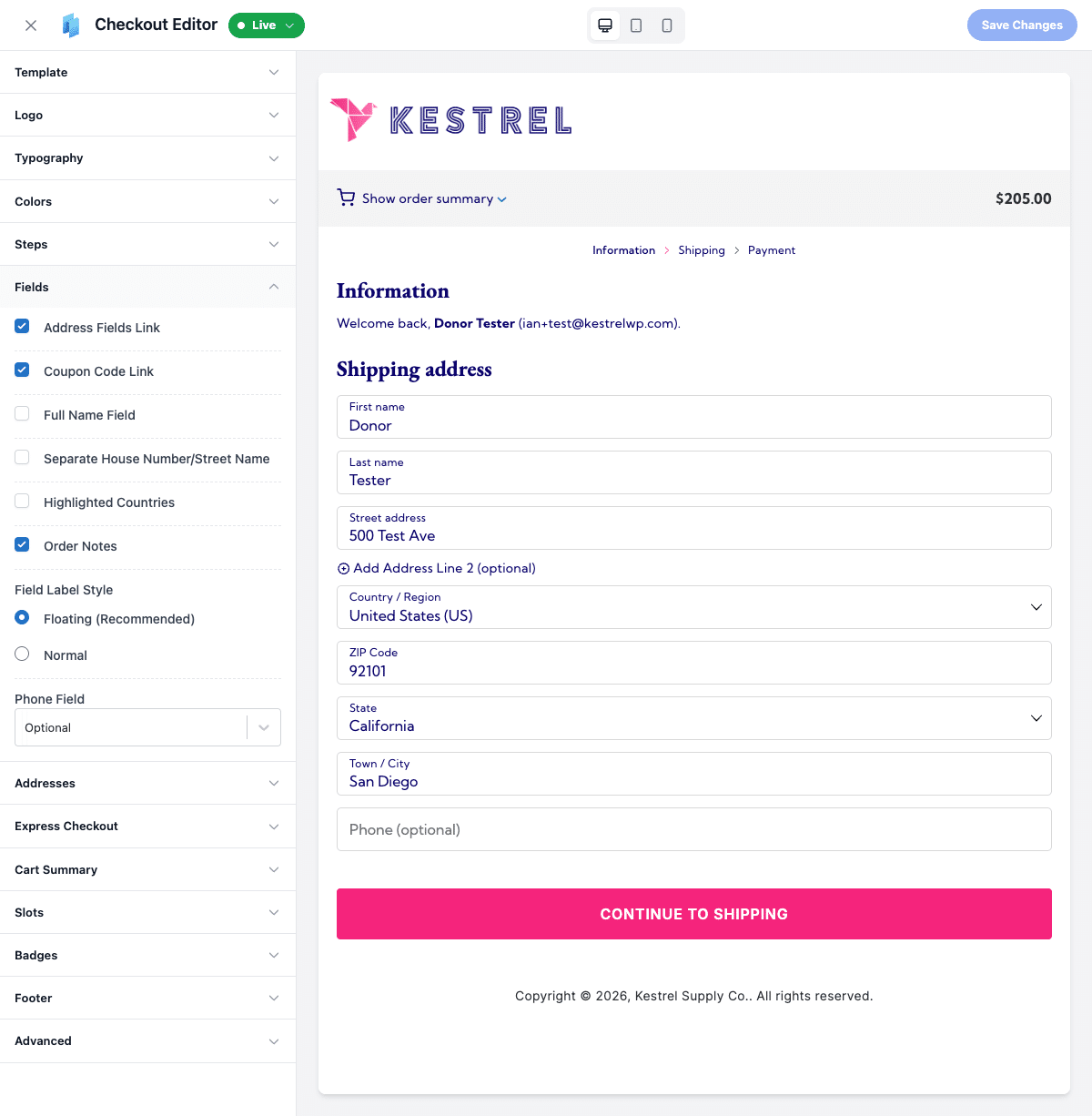 CheckoutWC Fields panel with no-code toggles for full name, order notes, phone, and label style on the WooCommerce checkout