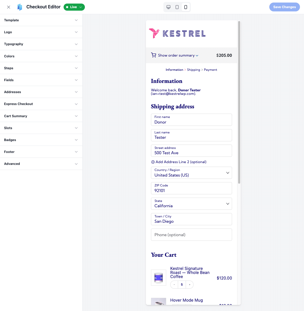 Mobile preview of a customized WooCommerce checkout in the CheckoutWC editor