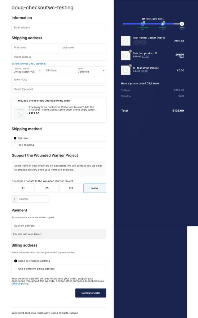 CheckoutWC order bump at checkout offering an in-stock alternative because the item in the cart is on backorder