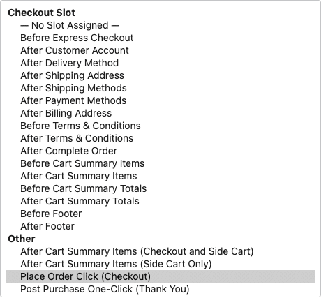 The Display Location dropdown expanded, showing all 21 options across two groups: Checkout Slot (16 fixed checkout-page positions) and Other (Side Cart and modal locations).