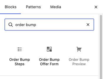 The WordPress block inserter search results for "order bump", showing three blocks: Order Bump Steps, Order Bump Offer Form, and a greyed-out, disabled Order Bump Preview.