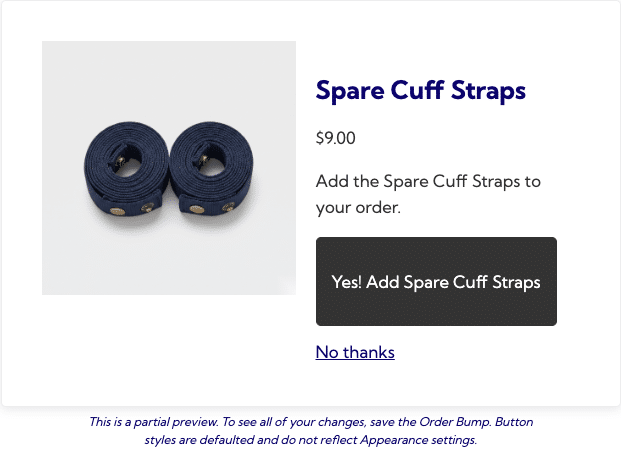 The Order Bump Offer Form block's live preview after insertion in the canvas, showing the product photo, name, price, description, and accept button, with a note that this is a partial preview and button styles are defaulted until the bump is saved.