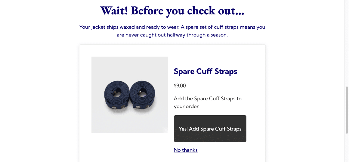 A completed full-screen order bump canvas showing a merchant-authored heading and paragraph above the inserted Order Bump Offer Form block, which displays the Spare Cuff Straps offer with its photo, price, description, accept button, and No thanks link.