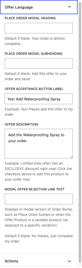 The Offer Language panel with five fields for a Place Order Click bump: Place Order Modal Heading, Place Order Modal Subheading, Offer Acceptance Button Label, Offer Description, and Modal Offer Rejection Link Text.