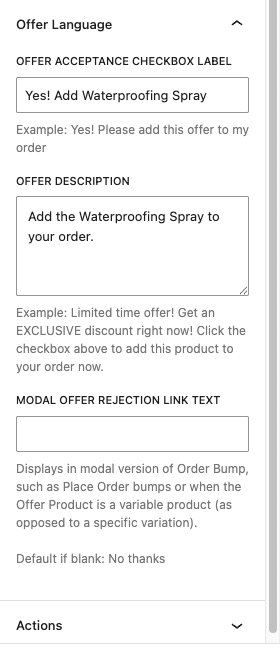 The Offer Language panel with three fields: Offer Acceptance Checkbox Label, Offer Description, and Modal Offer Rejection Link Text.