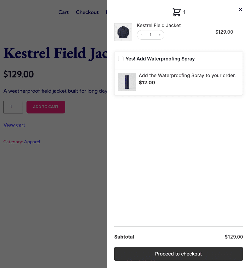 A side cart drawer open after adding the Kestrel Field Jacket to cart, showing the jacket line item and a checkbox order bump offering the Waterproofing Spray beneath it, above the cart subtotal.