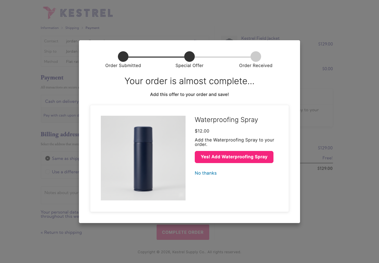 The standard, non-full-screen Place Order Click pop-up on a real checkout: a centered pop-up over a dimmed backdrop, capped to a fixed width.