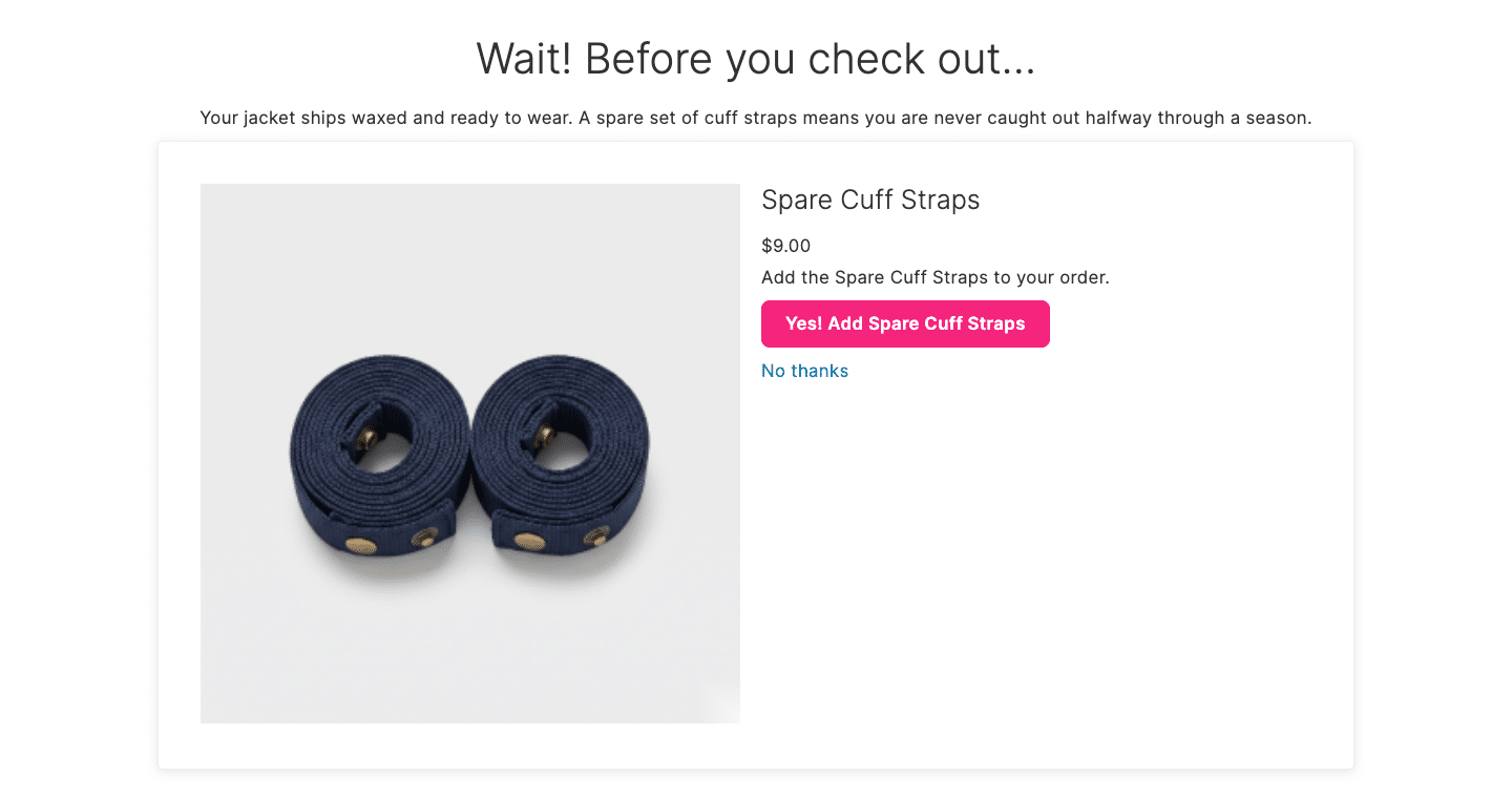The same kind of offer with Full Screen turned on, rendered edge-to-edge on the checkout page: no dimmed backdrop, no modal box, just a merchant-written heading and paragraph above the offer card.