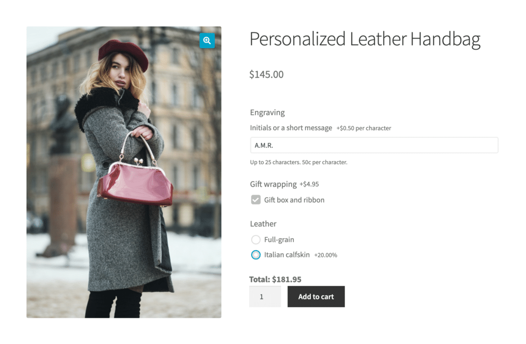Engraving priced per character, gift wrap as a flat fee and a percentage leather upgrade on one product, total $181.95.