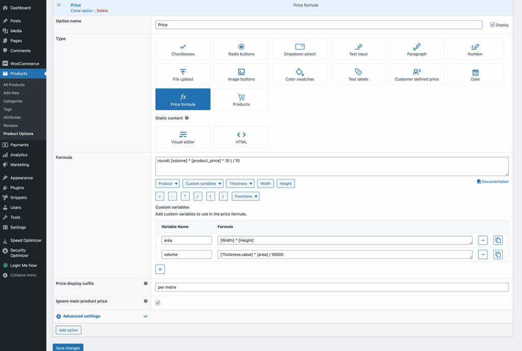WordPress Product Options screen showing a price formula with area and volume variables and price display settings.