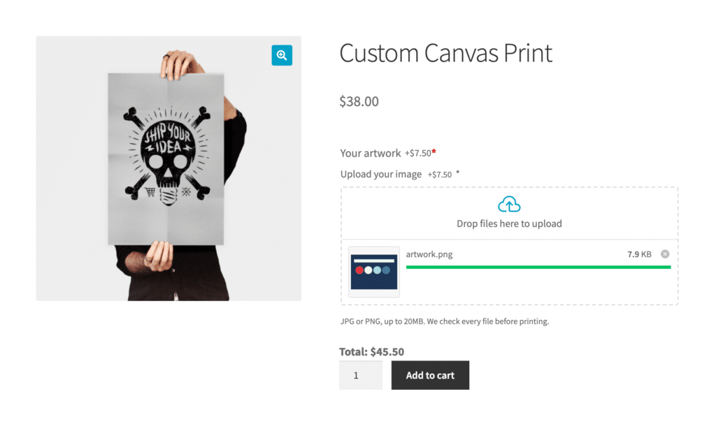 A file upload field with a $7.50 artwork fee.