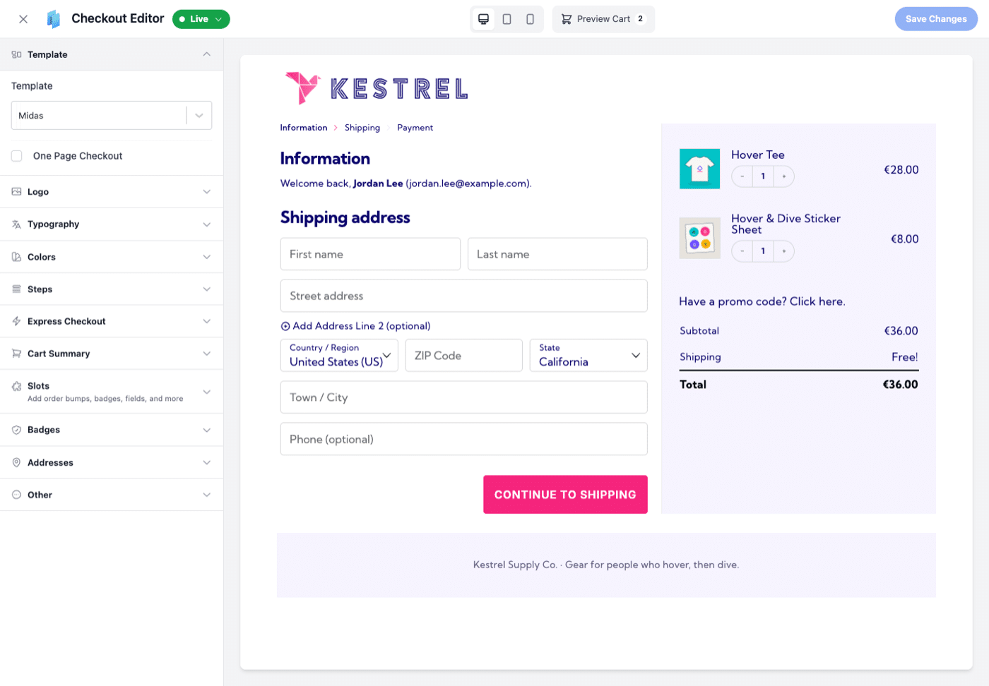 The CheckoutWC Checkout Editor: the section list on the left (Template, Logo, Typography, Colors, Steps, Express Checkout, Cart Summary, Slots, Badges, Addresses, Other), a live preview of the checkout on the right, and the Live menu, device toggles, Preview Cart and Save Changes across the top.